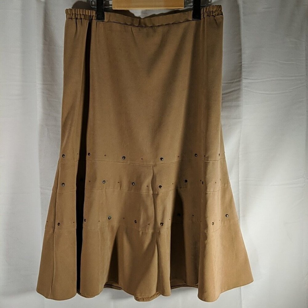 Tanjay Petites Faux Suede Boho Brown Beige Tan Studded Long Maxi Skirt Women 16P